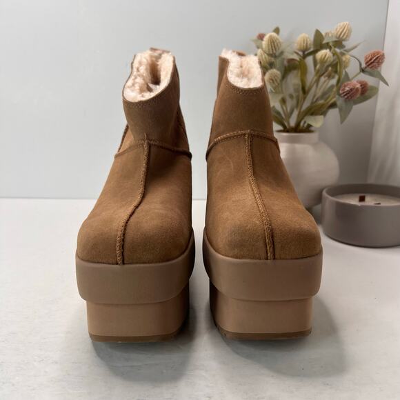 UGG Classic Mini New Heights Platform Suede Boots Chestnut Women's 10 Tried On - Picture 4 of 11